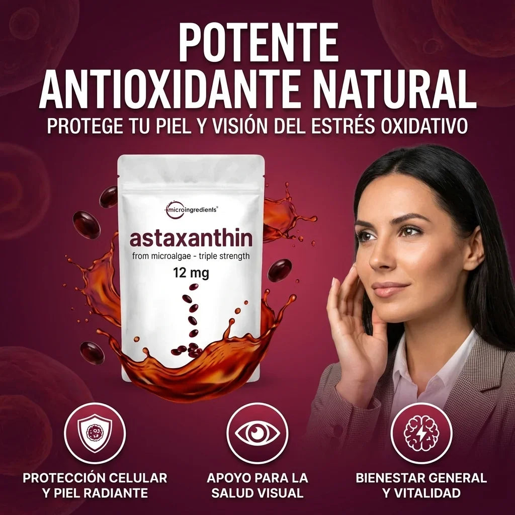 Astaxanthin 12 mg de Microingredients®  Cuida tu piel, ojos y células desde hoy con protección antioxidante avanzada